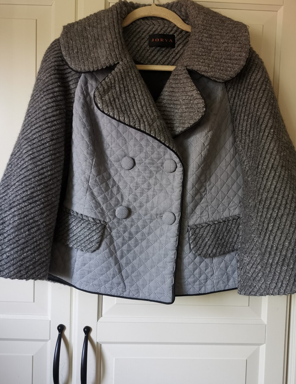 JORYA Wool Blend Cape Jacket Double Breasted Grey Quilted Crop Coat Sz 6